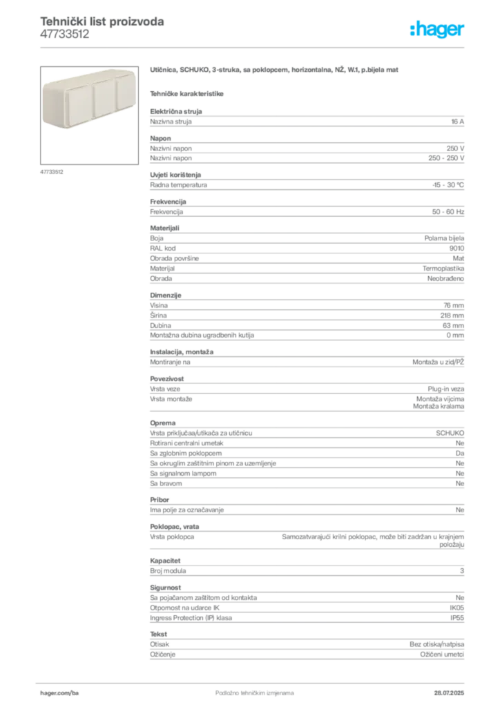 Slika Hager Product data sheet 47733512  | Hager
