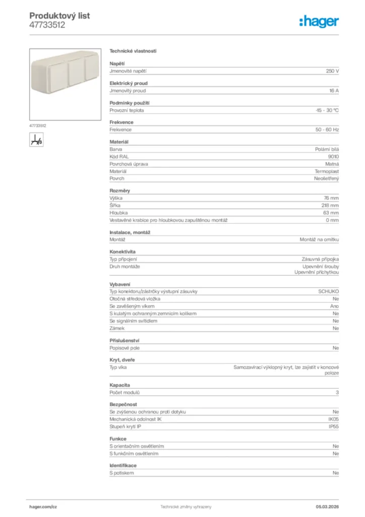 Obrázek Hager Product data sheet 47733512 | Hager