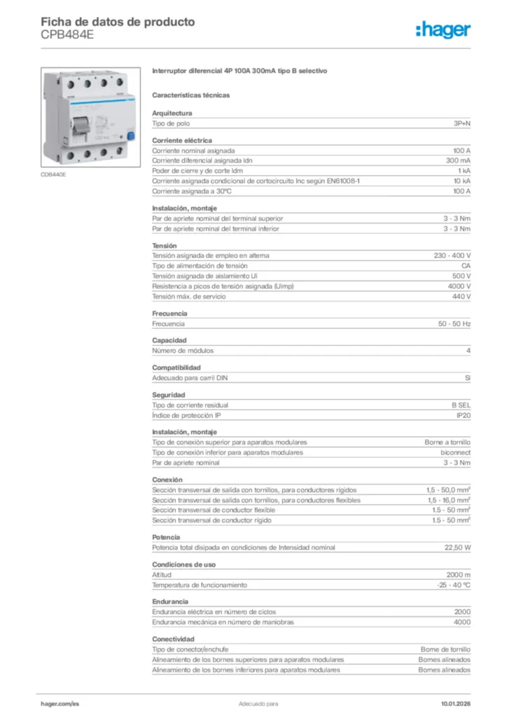 Imagen Hager Ficha de datos de producto CPB484E | Hager España