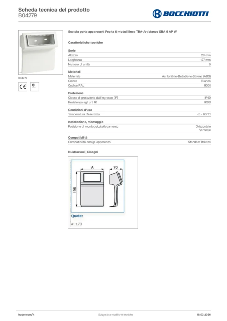 Immagine Bocchiotti Scheda tecnica del prodotto B04279 | Hager Italia