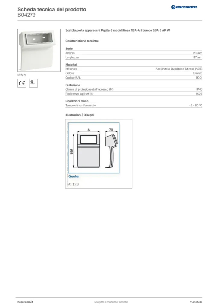 Immagine Bocchiotti Scheda tecnica del prodotto B04279 | Hager Italia