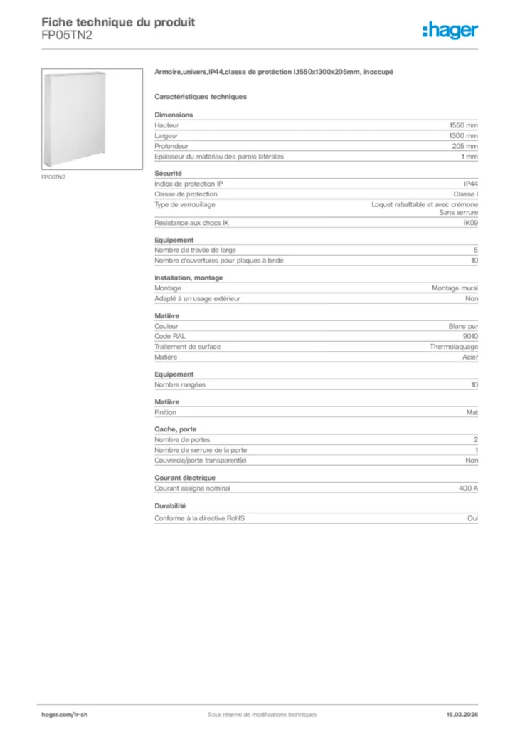 Image Hager Fiche technique du produit FP05TN2 | Hager Suisse