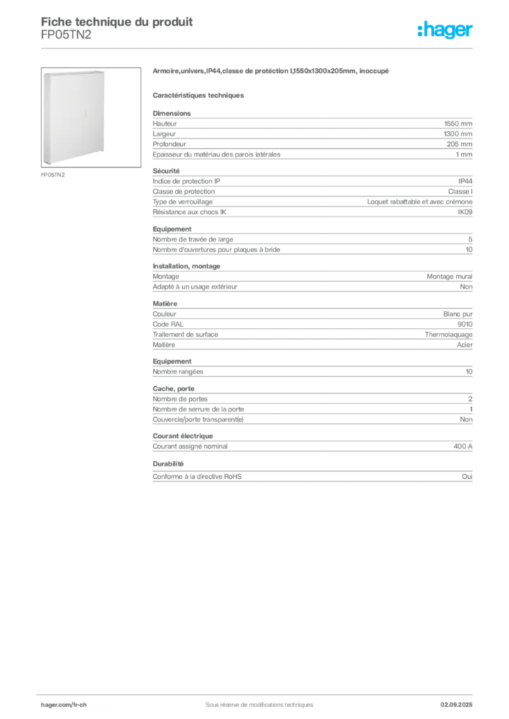 Image Hager Fiche technique du produit FP05TN2 | Hager Suisse