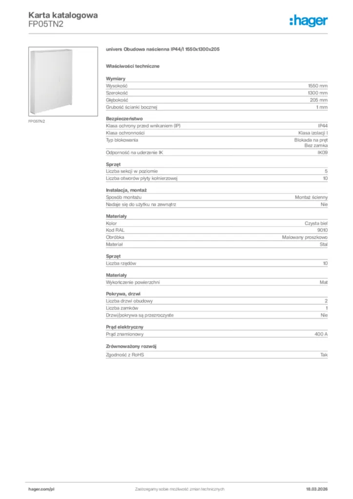 Zdjęcie Hager Karta katalogowa FP05TN2 | Hager Polska