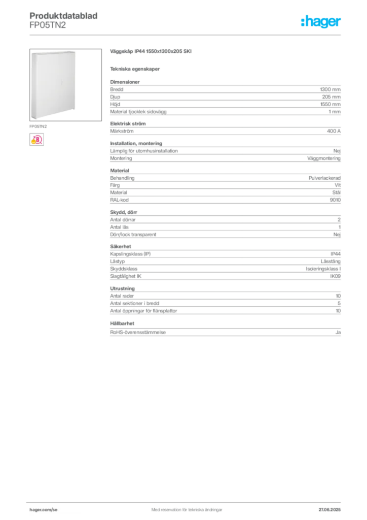 Bild Hager Produktdatablad FP05TN2 | Hager Sverige