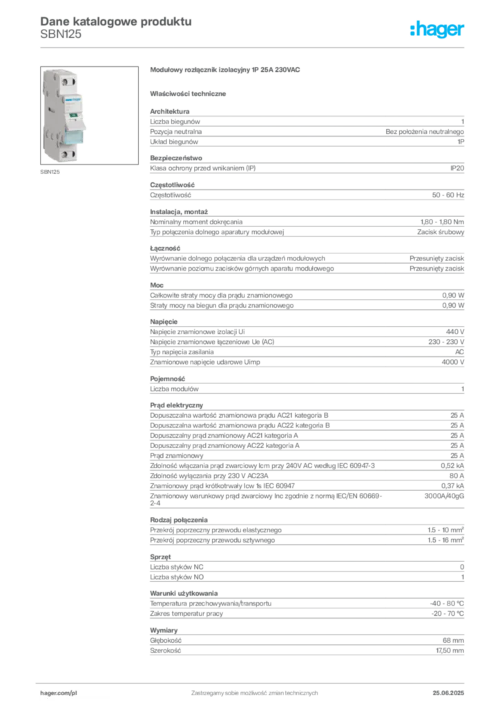 Zdjęcie Hager Dane katalogowe produktu SBN125 | Hager Polska