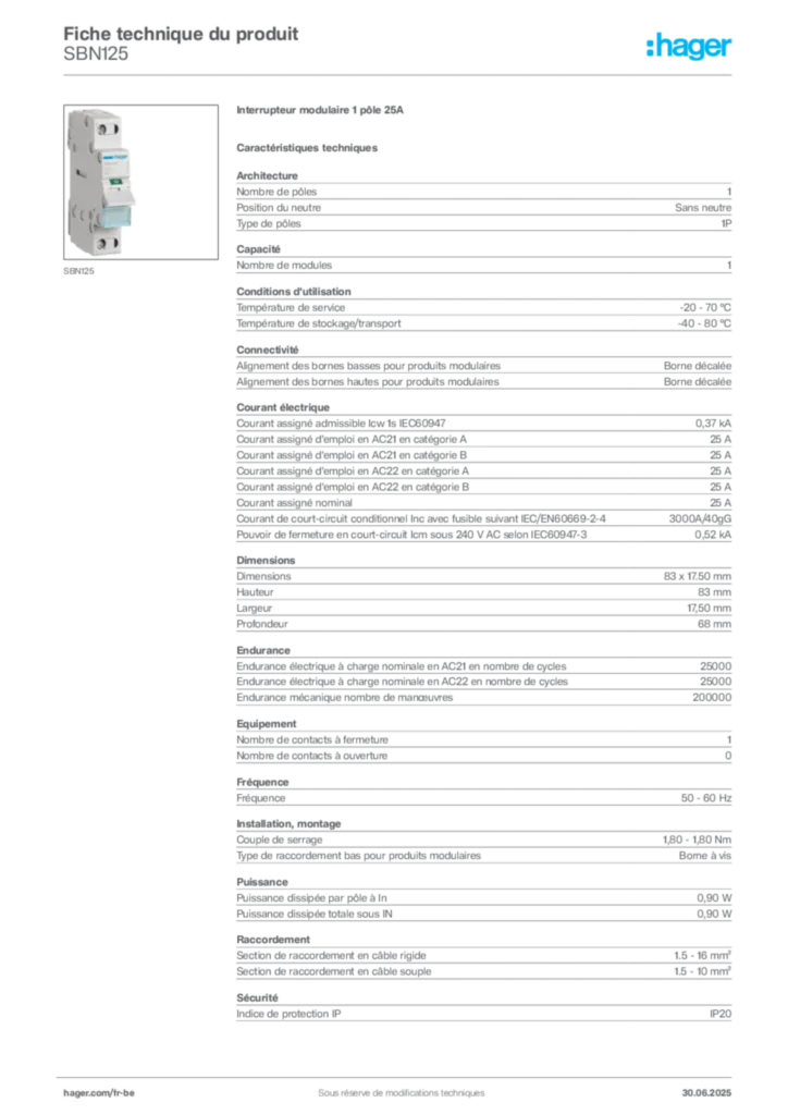 Image Hager Fiche technique du produit SBN125 | Hager Belgique