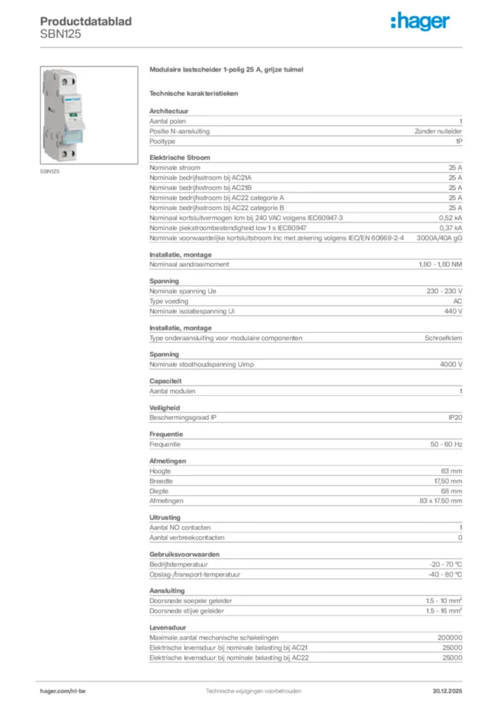 Afbeelding Hager Productdatablad SBN125 | Hager Belgium