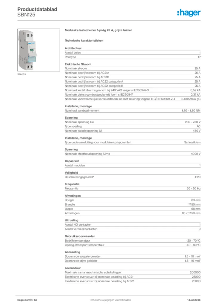 Afbeelding Hager Productdatablad SBN125 | Hager Belgium