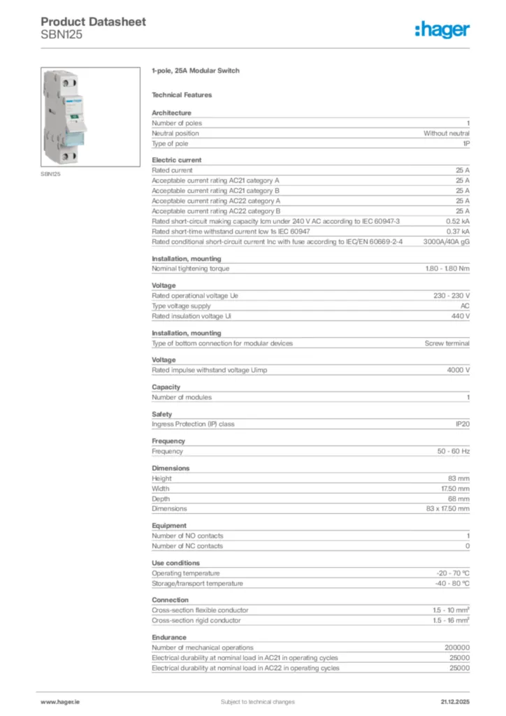 Image Hager Product data sheet SBN125  | Hager