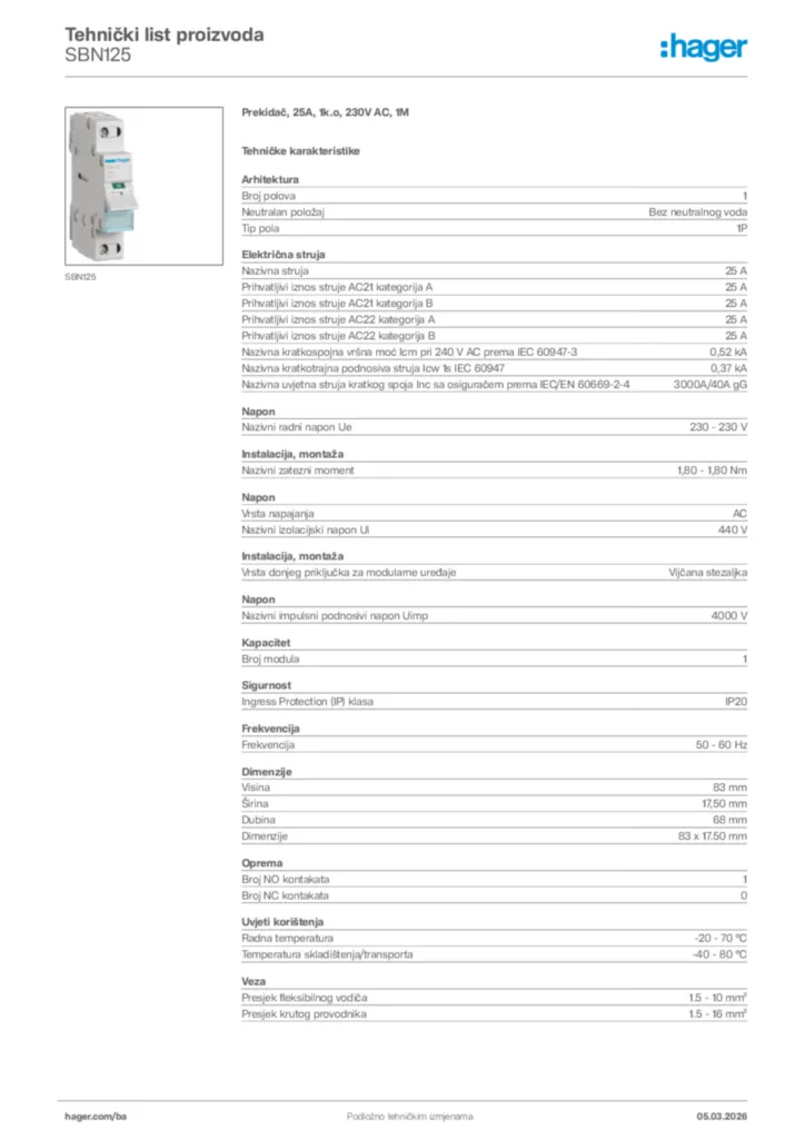 Slika Hager Tehnički list proizvoda SBN125  | Hager