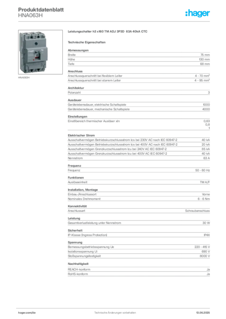 Hager Produktdatenblatt HNA063H
