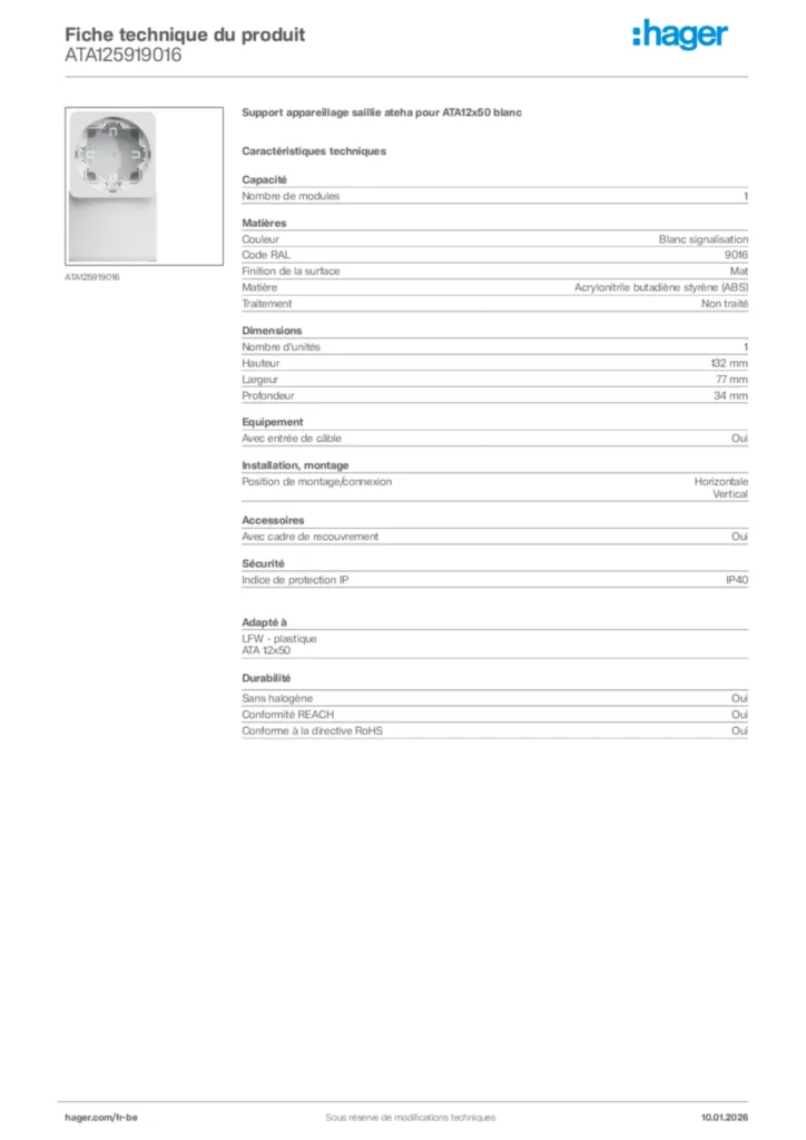 Image Hager Fiche technique du produit ATA125919016 | Hager Belgique