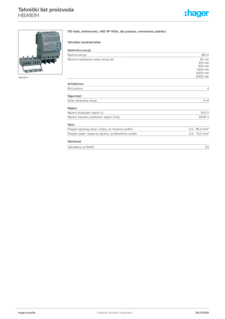 Slika Hager Product data sheet HBA161H  | Hager