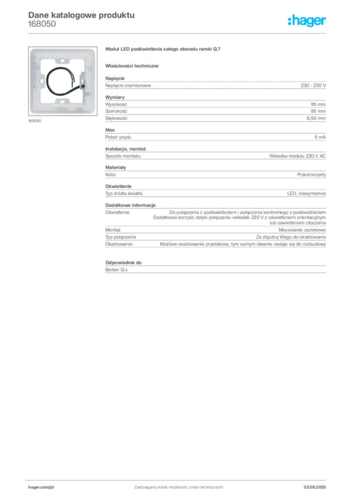 Zdjęcie Hager Dane katalogowe produktu 168050 | Hager Polska