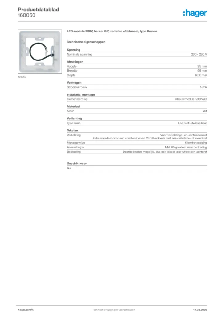 Afbeelding Hager Productdatablad 168050 | Hager Nederland