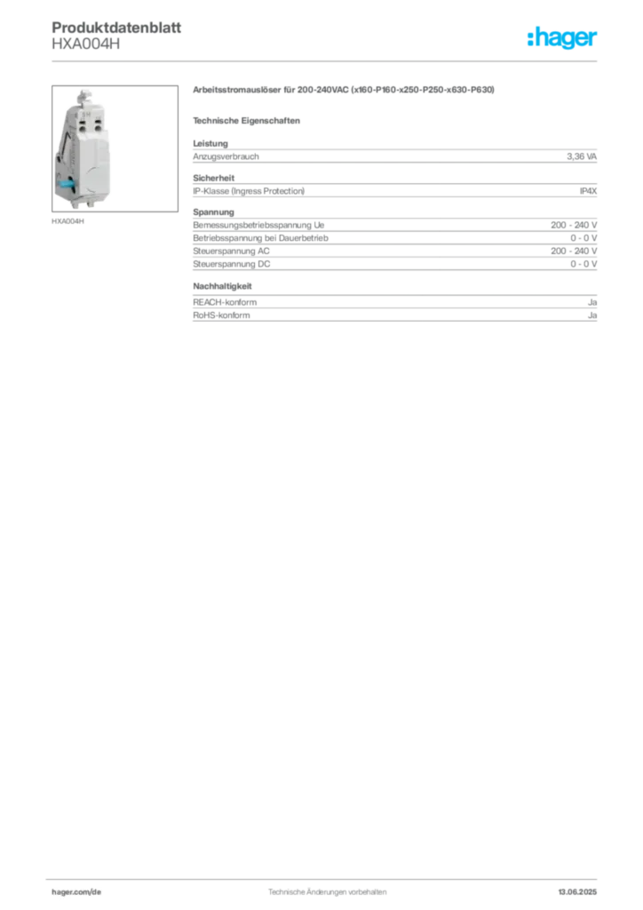 Bild Hager Produktdatenblatt HXA004H | Hager Deutschland