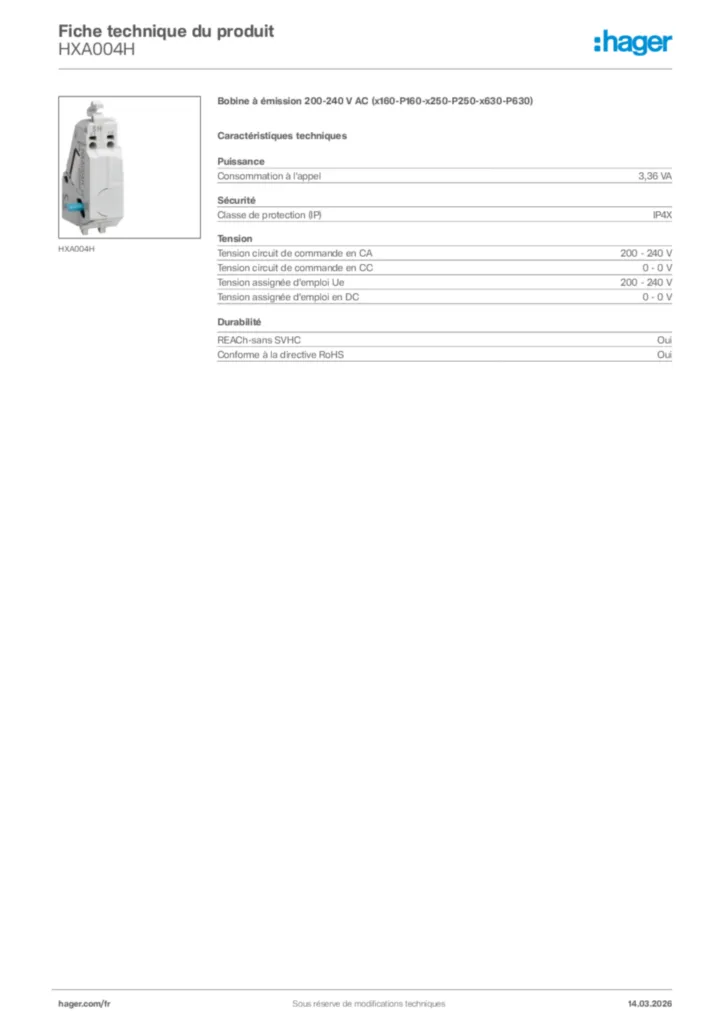 Image Hager Fiche technique du produit HXA004H | Hager France