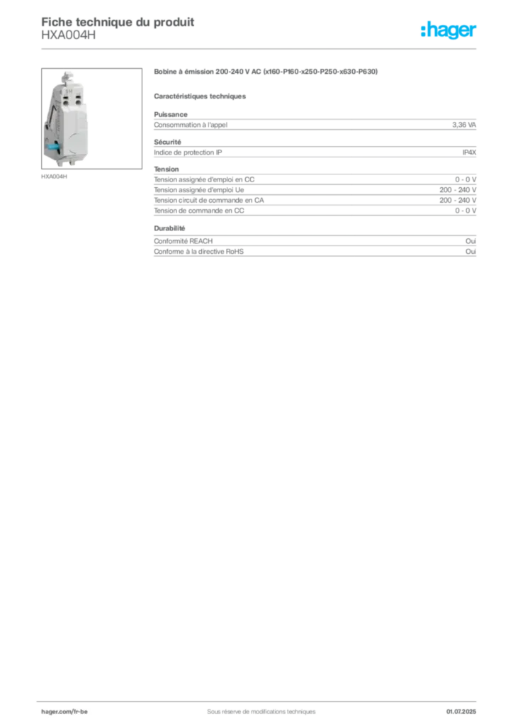 Image Hager Fiche technique du produit HXA004H | Hager Belgique