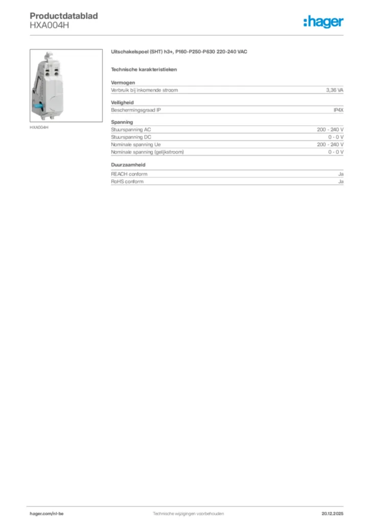 Afbeelding Hager Productdatablad HXA004H | Hager Belgium