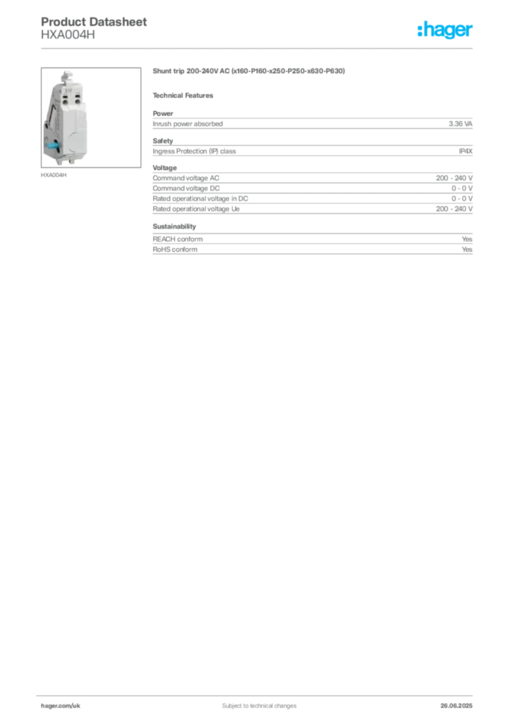Image Hager Product data sheet HXA004H  | Hager
