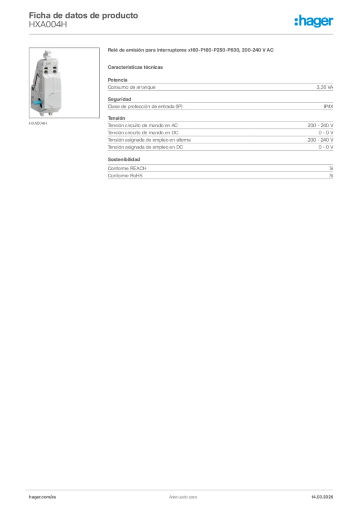 Imagen Hager Ficha de datos de producto HXA004H | Hager España