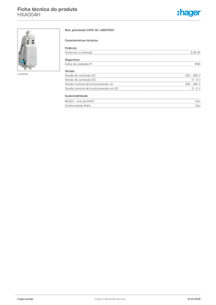 Imagem Hager Ficha técnica do produto HXA004H | Hager Portugal