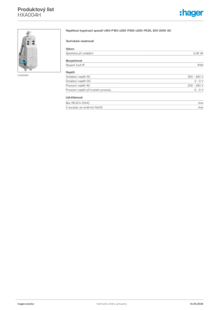 Obrázek Hager Product data sheet HXA004H | Hager