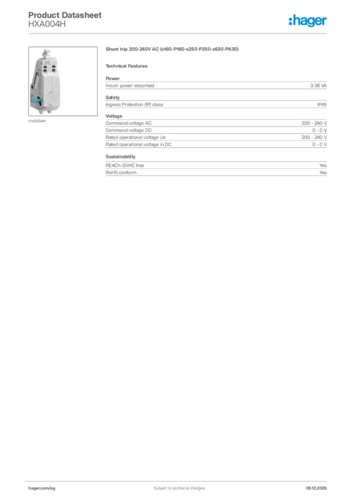 Image Hager Product data sheet HXA004H  | Hager
