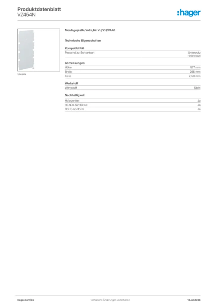 Bild Hager Produktdatenblatt VZ454N | Hager Deutschland