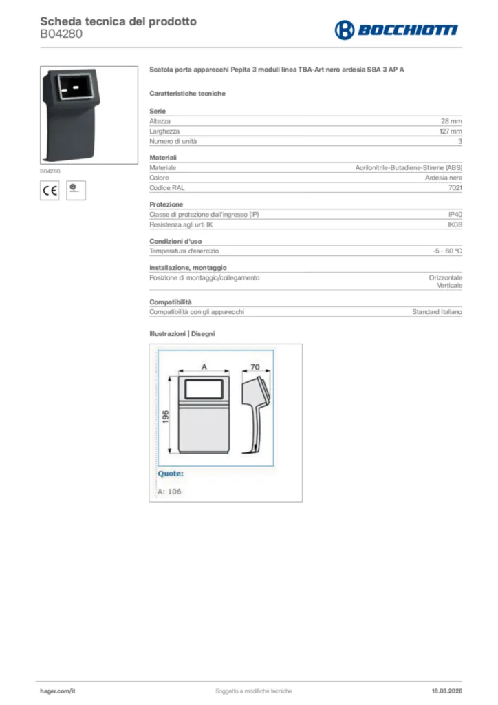 Immagine Bocchiotti Scheda tecnica del prodotto B04280 | Hager Italia