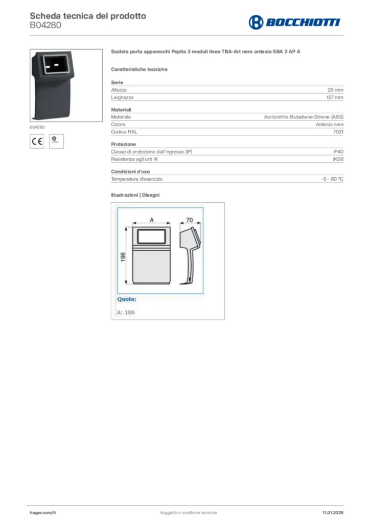 Immagine Bocchiotti Scheda tecnica del prodotto B04280 | Hager Italia