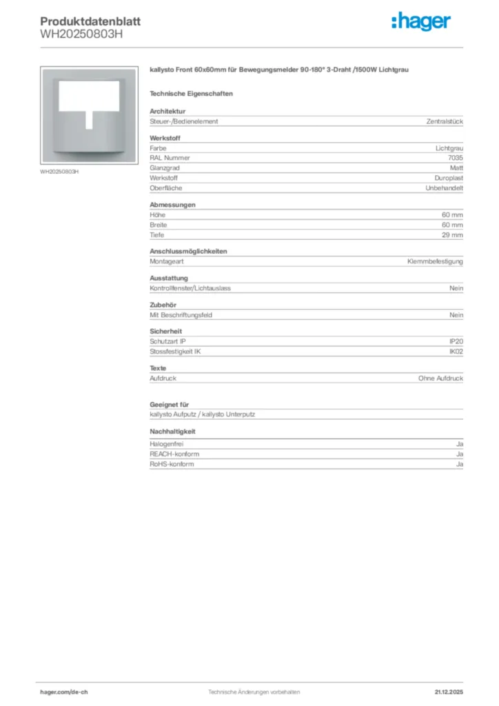 Bild Hager Produktdatenblatt WH20250803H | Hager Schweiz