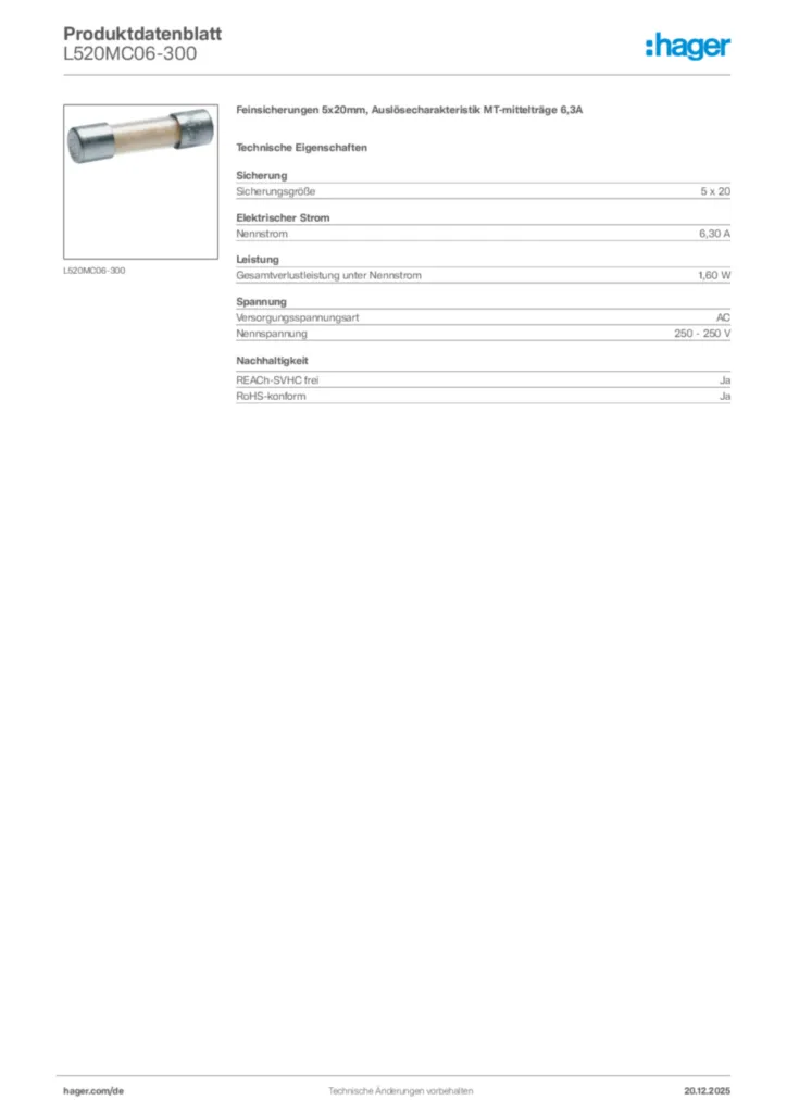 Bild Hager Produktdatenblatt L520MC06-300 | Hager Deutschland
