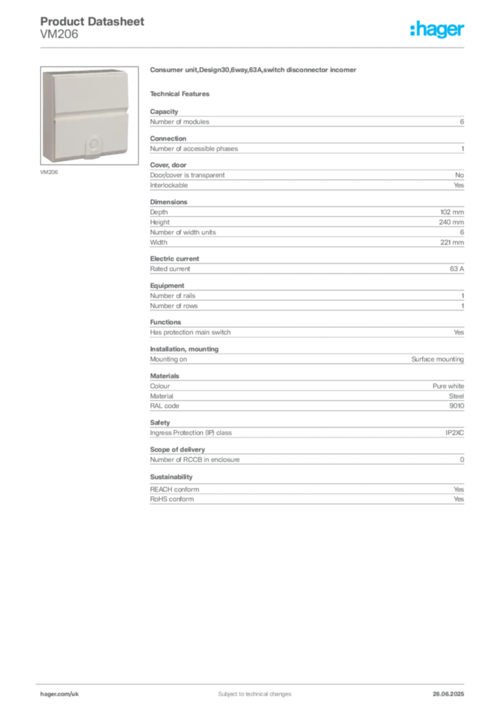 Image Hager Product data sheet VM206  | Hager