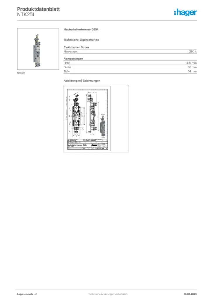 Bild Hager Produktdatenblatt NTK251 | Hager Schweiz