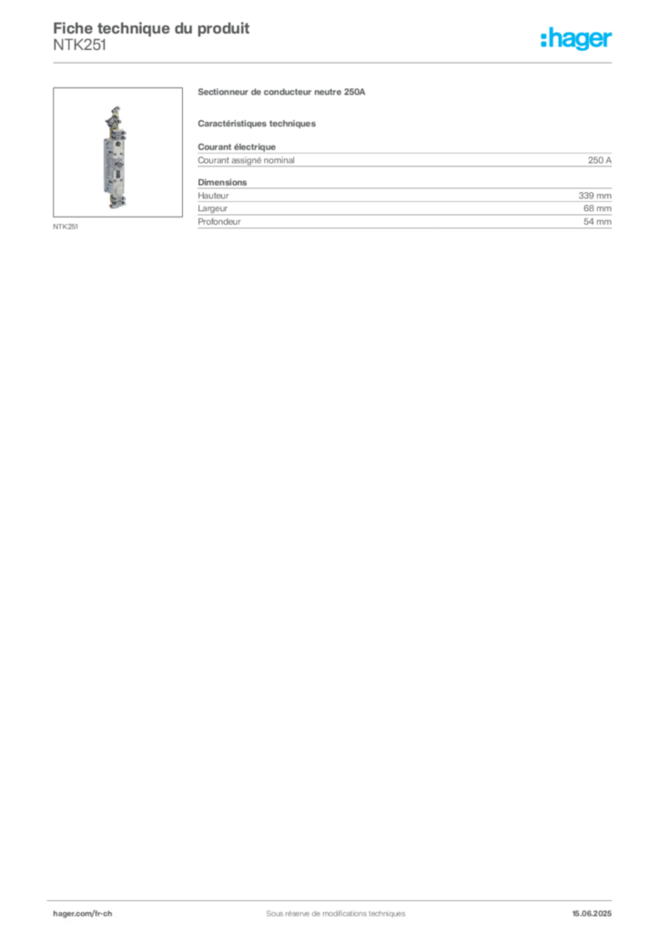 Image Hager Fiche technique du produit NTK251 | Hager Suisse