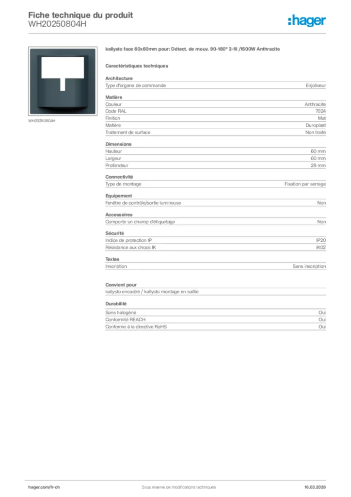 Image Hager Fiche technique du produit WH20250804H | Hager Suisse