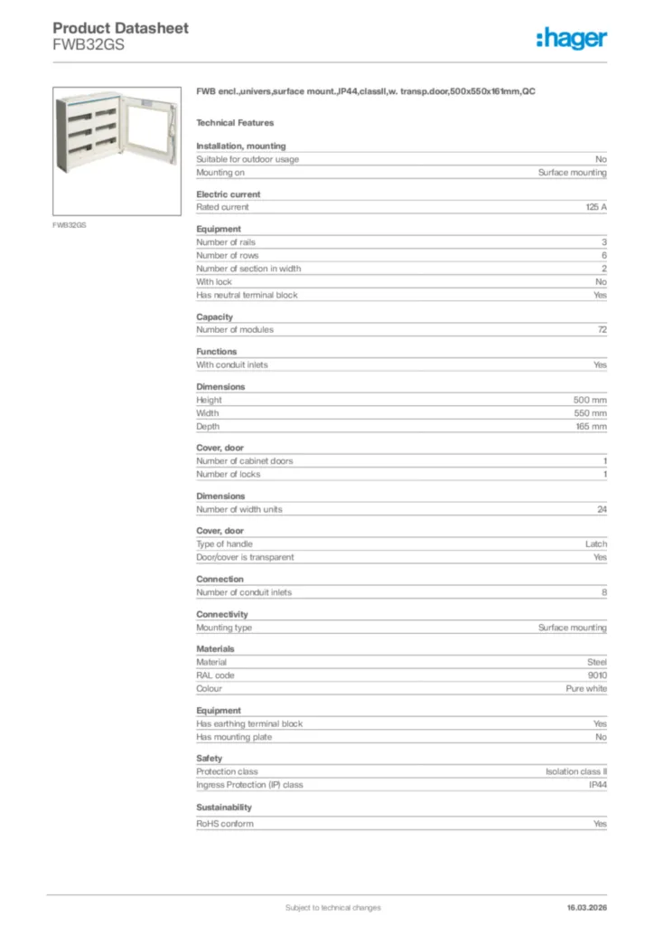 Image Hager Product data sheet FWB32GS  | Hager Africa