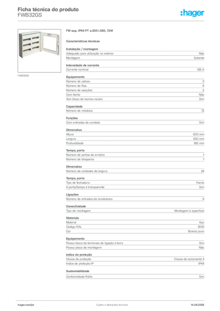 Imagem Hager Ficha técnica do produto FWB32GS | Hager Portugal