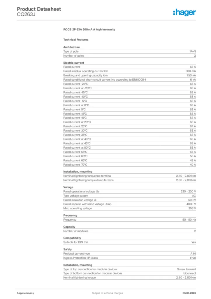 Image Hager Product data sheet CQ263J  | Hager