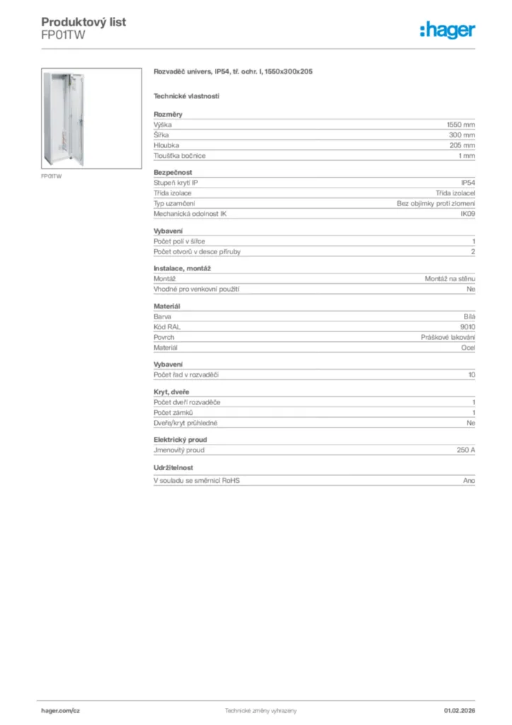 Obrázek Hager Product data sheet FP01TW | Hager
