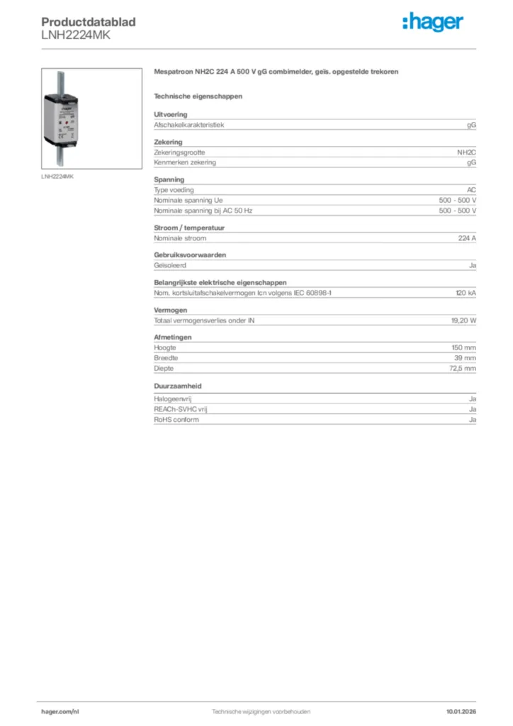Afbeelding Hager Productdatablad LNH2224MK | Hager Nederland