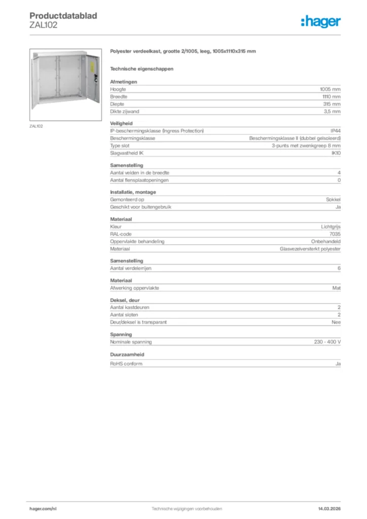 Afbeelding Hager Productdatablad ZAL102 | Hager Nederland