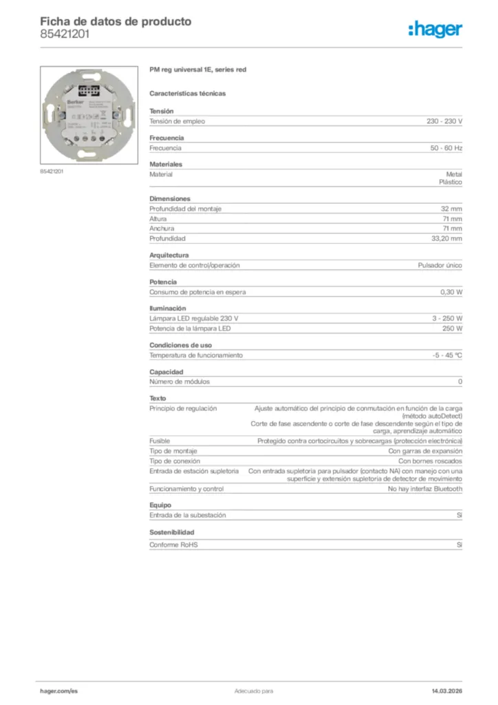 Imagen Hager Ficha de datos de producto 85421201 | Hager España