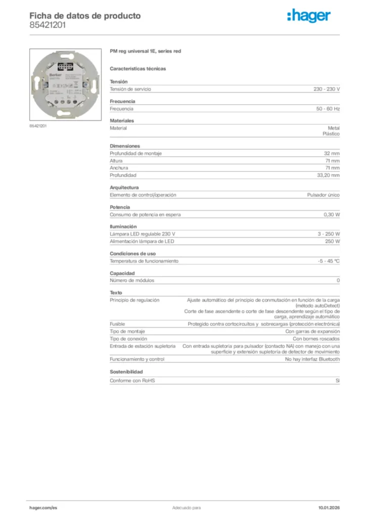 Imagen Hager Ficha de datos de producto 85421201 | Hager España