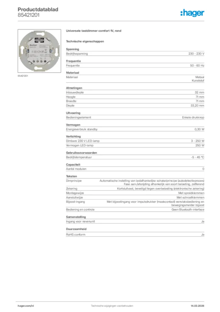 Afbeelding Hager Productdatablad 85421201 | Hager Nederland