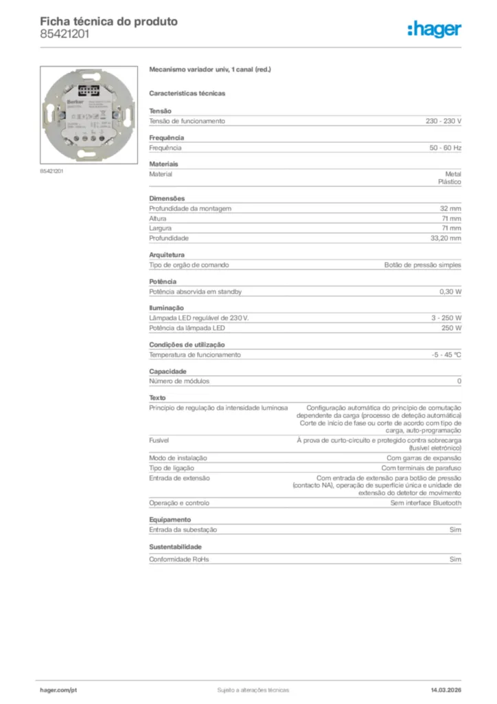 Imagem Hager Ficha técnica do produto 85421201 | Hager Portugal