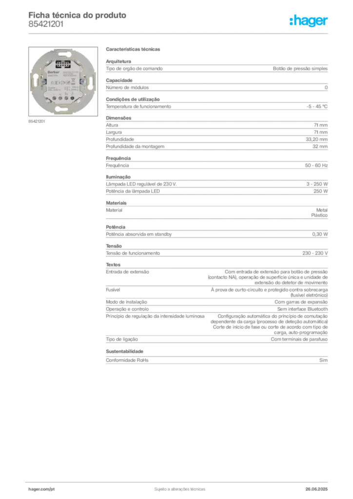 Imagem Hager Ficha técnica do produto 85421201 | Hager Portugal