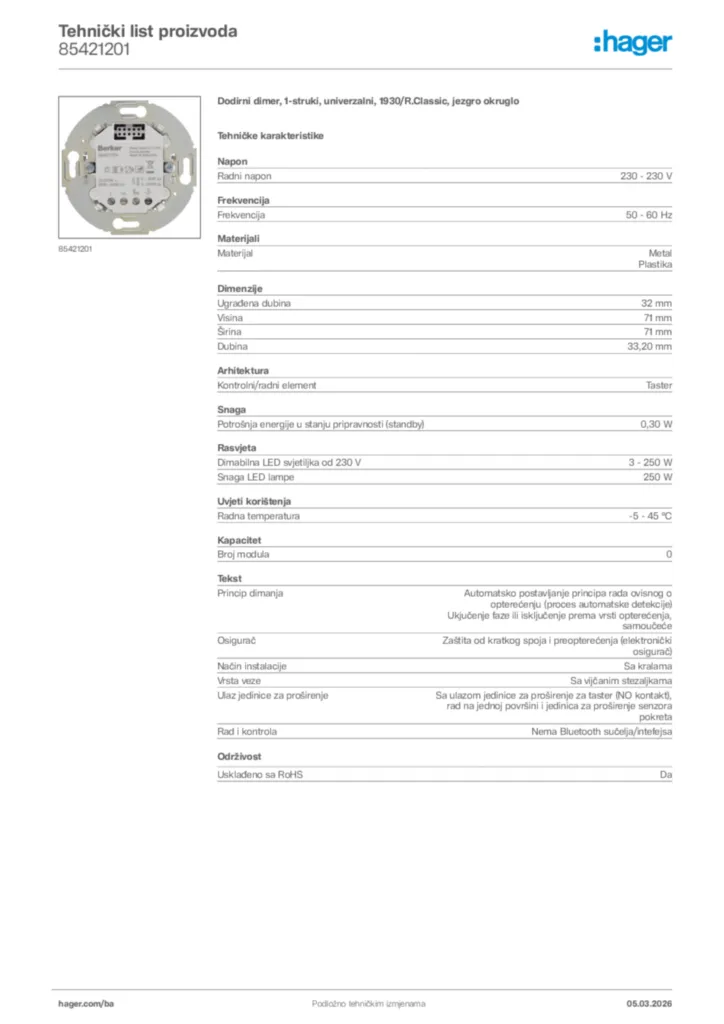 Slika Hager Tehnički list proizvoda 85421201  | Hager